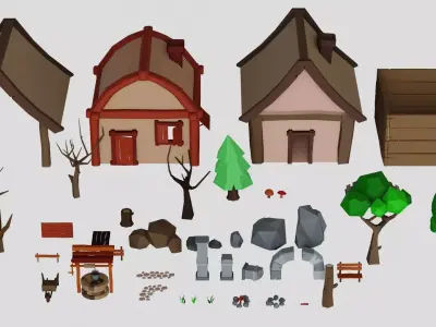 Low poly Nature assets for 3D games houses trees rocks road well Low-poly 3D model