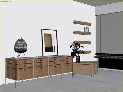 Scandinavian Living Room with Modular Dresser and Paper Lanterns 3D model