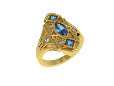 Princess and Marquise Diamond Art Deco Ring 3D print model