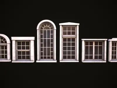 Six wooden windows set Low-poly 3D model