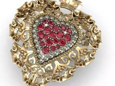 Heart ornate gold brooch with rubies and diamonds 3D print model