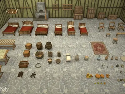 Medieval Furnitures Low-poly 3D model