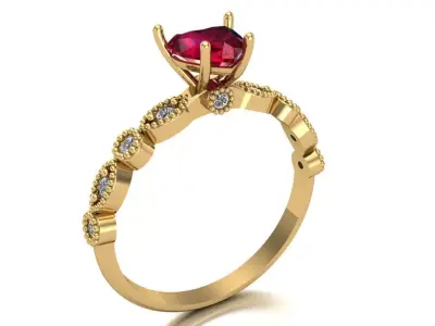 Heart gemstone ring with detailed band and brilliant stones 3D print model