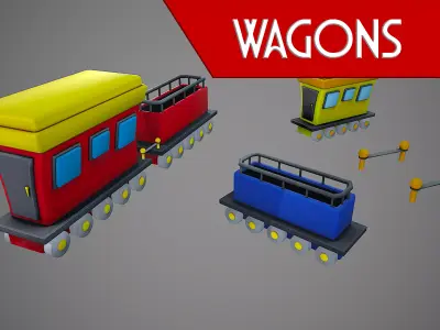 TRAIN WAGONS CARS CARTOON STYLIZED Low-poly 3D model