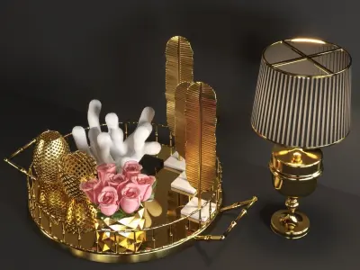 set134 gold tray with cactus 3D model