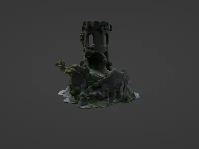 Medieval Stone Tower Ruin with Overgrowth 3D model