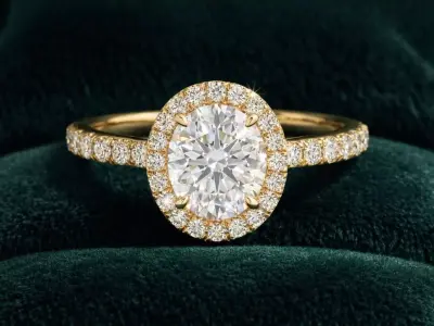 2ct Oval Halo Diamond Engagement Ring Yellow Gold 3D Model 3D print model