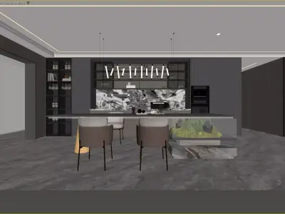 Modern Luxury Kitchen and Dining Space with Wine Display 3D model