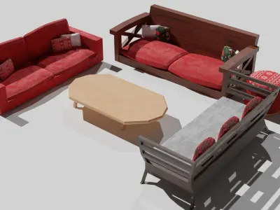 Set of christmas furniture bench sofa and table Low-poly 3D model