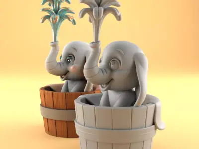 Cute Elephant in Bucket 3D Model STL File 3D print model