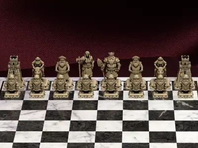 Dwarf Fantasy Chess Pieces Set of 6 - Dwarven Warriors STL 3D print model