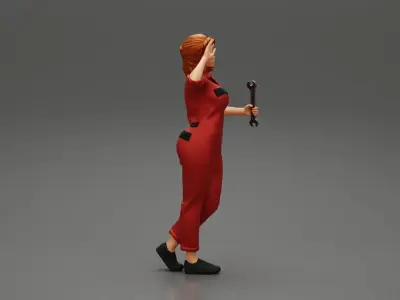 Tired woman mechanic holding a spanner 3D print model