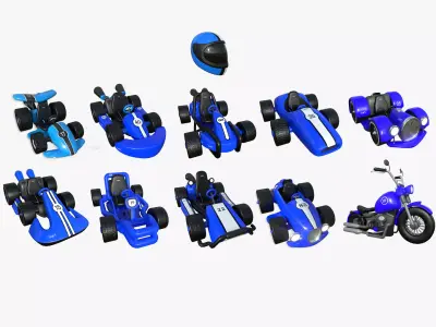 10 Cartoon Karts Blue Collection - Vehicle Racing Design 3D Model Pack