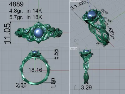 2 tone ring with flower head and cabochon stone 4889 3D print model