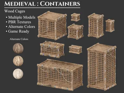 Medieval Containers Wooden Cages Low-poly 3D model