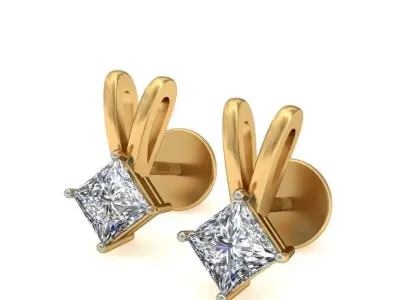 Solitaire Princess Diamond Earrings 3Dm STL OBJ Render Details 3D print model