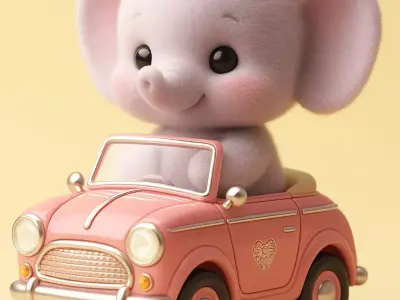Kawaii Elephant in Vintage Car 3D print model