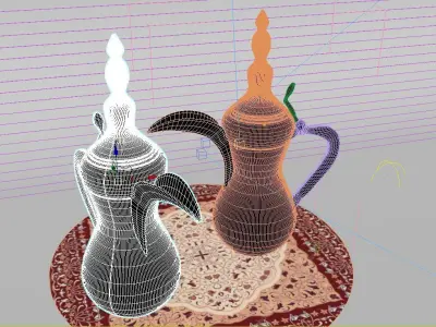 Dallah two golden coffee pots on table 3D model
