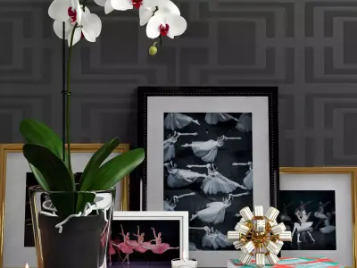 Orchid in glass pot with arch magazines and candles 3D model