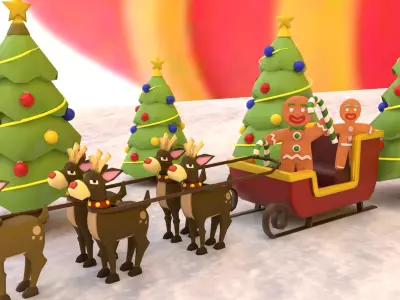 Christmas sleigh With Deers And decoration Low-poly 3D model