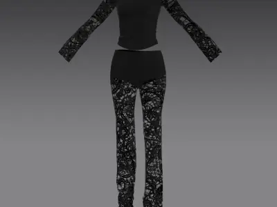 LACE FABRIC BLACK BLOUSE ANDPANT TWO PIECES MATTE LOOK 3D model