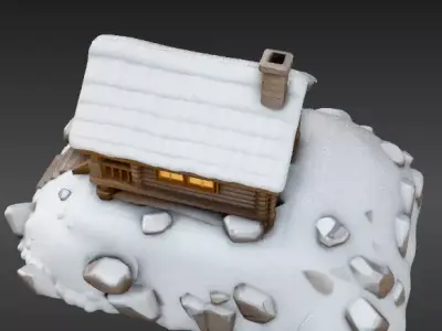 Winter Cabin on Snow Hill 3D Scene Model Cozy Christmas  Low-poly 3D model