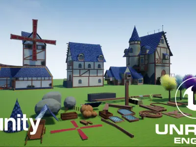 Stylized village packed Low-poly 3D model