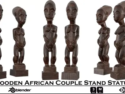Wooden Tribal Couple Statue Set - African-Inspired Art 3D model