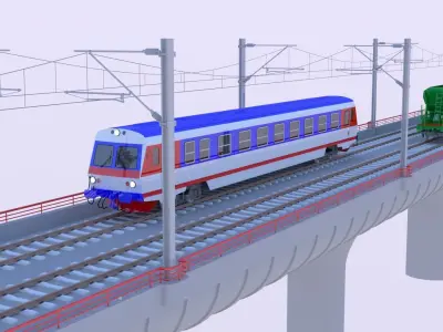 Bridge with passenger and cargo trains II 3D model