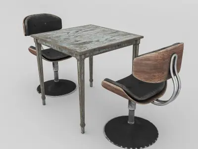 3D old chair and table Low-poly 3D model