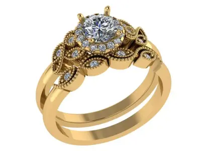Round halo diamond ring with matching band 3D print model