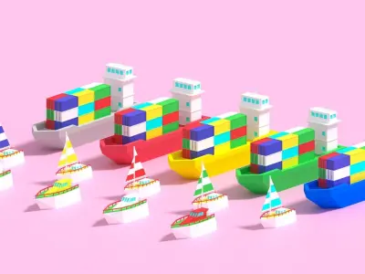 Cartoon Container Ship Yacht Sail Boat Low-poly 3D model