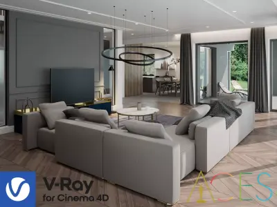 Living Room and Kitchen Scene for Cinema 4D and  Vray 6 ACES 3D model