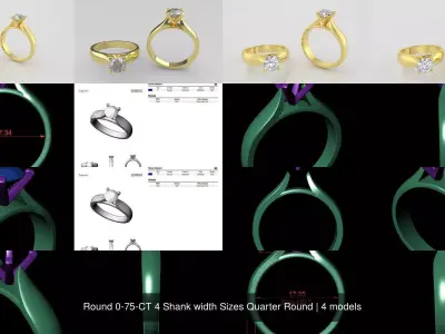 Round 0-75-CT 4 Shank width Sizes Quarter Round 3D Model Pack