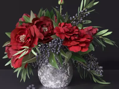 Red Peonies Vase Decorative Set 3D model