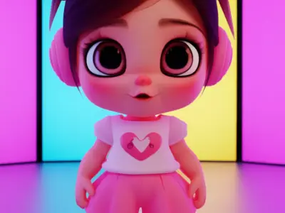 Charming Cartoon Girl Adorable 3D Character Pink Playful Outfit Low-poly 3D model