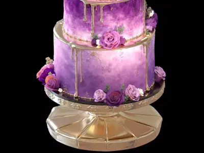 Luxury Wedding Cake with Flowers  Tiered Floral Purple  Gold Low-poly 3D model