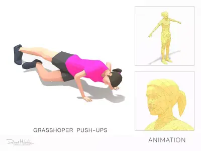 Grasshoper PushUps  Exercise Woman Animation Low-poly 3D model