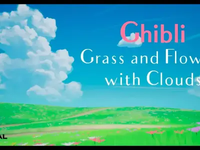 Ghibli Grass and Flowers with Clouds Stylized Field for UE5 Low-poly 3D model