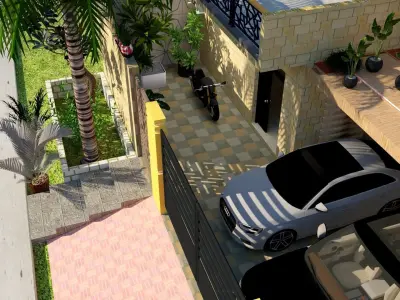 Villa house with palm trees and mountains 3D model