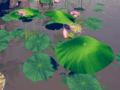 RockeryLotusPond water wheel and lotus lilies in water Low-poly 3D model