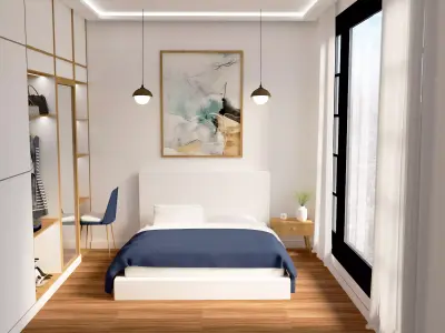 Modern Minimalist Small Bedroom Low-Poly 3D Interior Model Low-poly 3D model