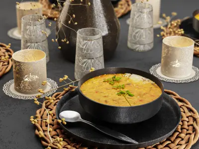 Tableware001 table setting with bowls of soup and candles 3D model