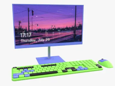 Wireles Computer Set Keyboard Mouse Monitor Green-Purple Version 3D model