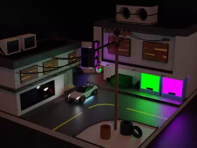 a scene with a car and buildings 3D model