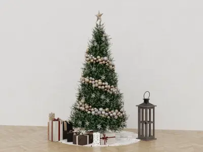 Christmas Tree 4 with gifts and old wooden lamp New year 3D model