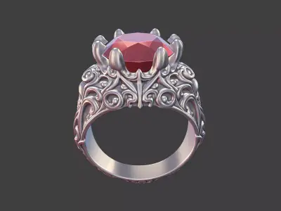 silver skull gemstone scrollwork ring 3D print model
