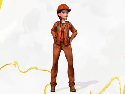Stylized Female Construction Worker Rigged Builder in Safety Low-poly 3D model