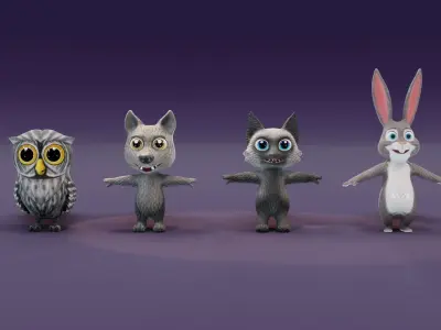 Gray Owl Rabbit Silver Fox Black Wolf 3D Models Pack Low-poly 3D model