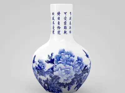 Chinese Blue and White Porcelain Vase with Peonies Painting Low-poly 3D model